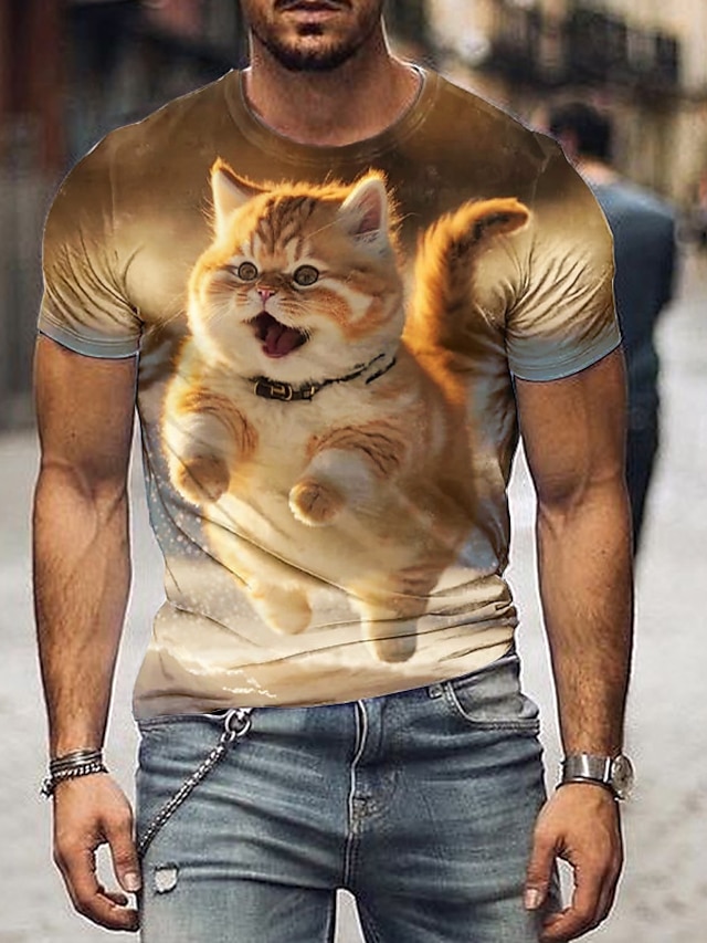  男性用 Tシャツ 面白いTシャツ グラフィック 猫 おかしい クルーネック 衣類 3Dプリント アウトドア 日常 半袖 プリント ファッション デザイナー ヴィンテージ