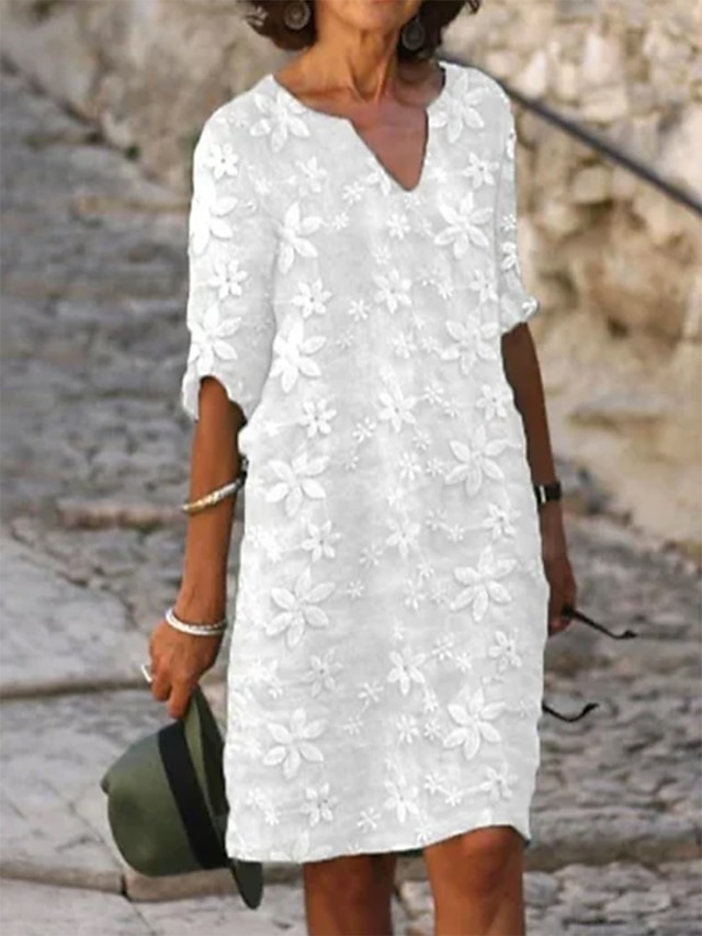  Women's Casual Dress Cotton Linen Dress Shift Dress Midi Dress Embroidered Print Daily Vacation V Neck Half Sleeve Summer Spring White Flower