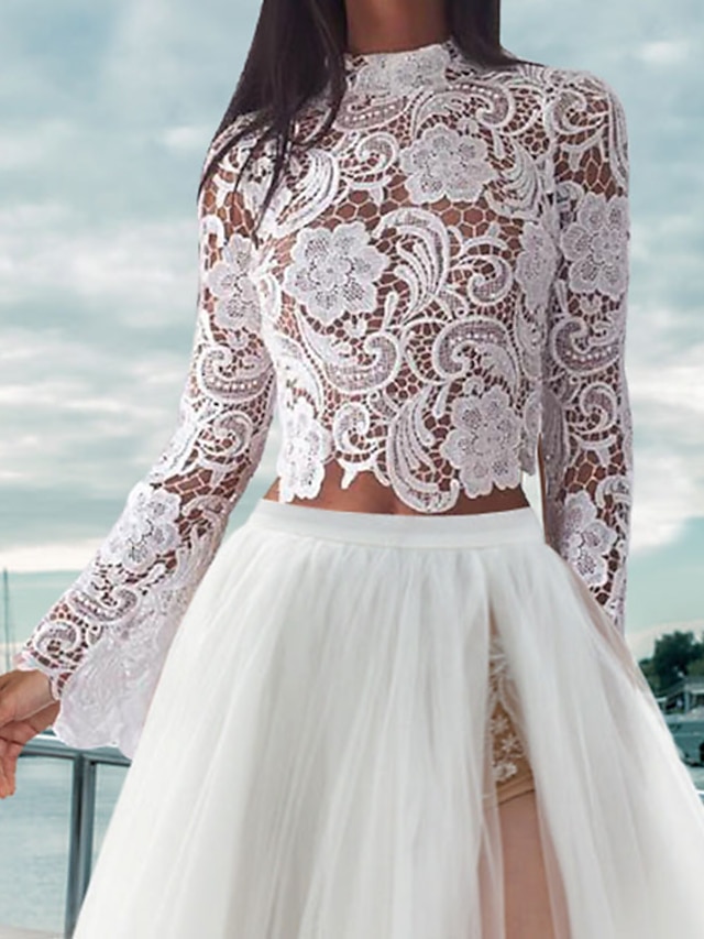  Boho Wedding Dresses Separates High Neck Long Sleeve Separates Lace Bridal Tops Bridal Gowns With Appliques 2024