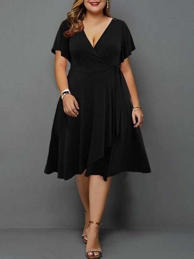 Women's Plus Size Work Dress Apple Shape Flattering Black Dress A Line