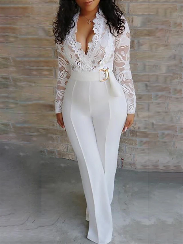 Women's Normal Jumpsuit Elegant Solid Color Long Sleeve V Neck Lace High Waist Wedding Party Regular Fit White Summer4