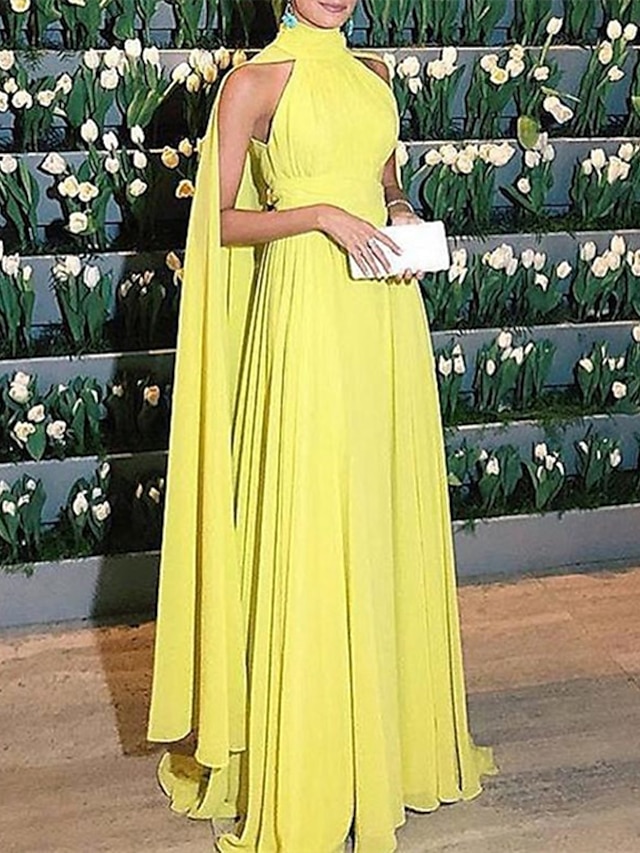  A-Line Evening Gown Elegant Dress Formal Wedding Guest Floor Length Sleeveless High Neck Capes Chiffon with Ruched 2024