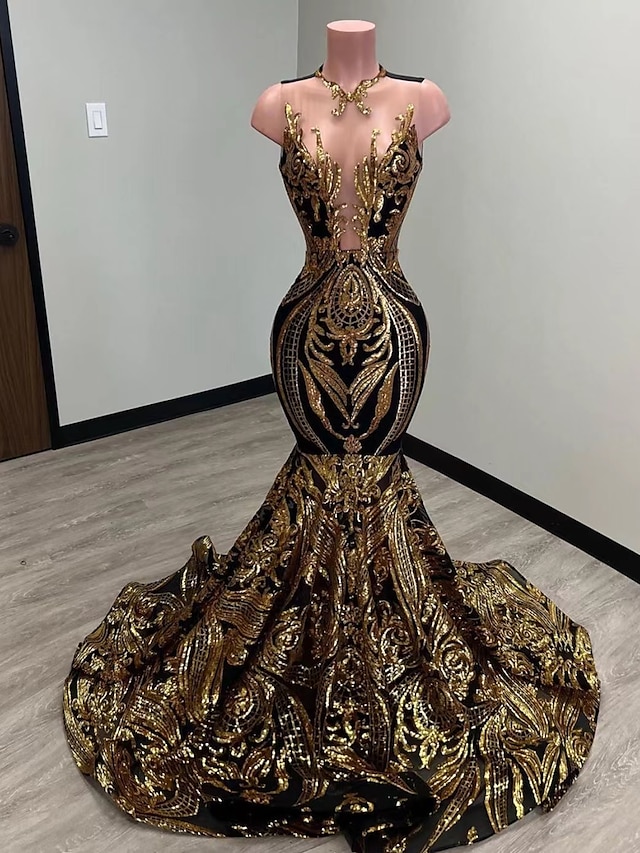  Mermaid Black Dress Evening Gown Elegant Dress Carnival Formal Court Train Sleeveless Illusion Neck African American Sequined with Sequin 2024