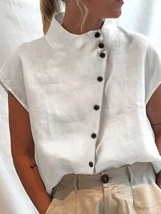  女性用 シャツ ブラウス タートルネックシャツ 平織り カジュアル ボタン ホワイト 半袖 エレガント ファッション ベーシック スタンドカラー