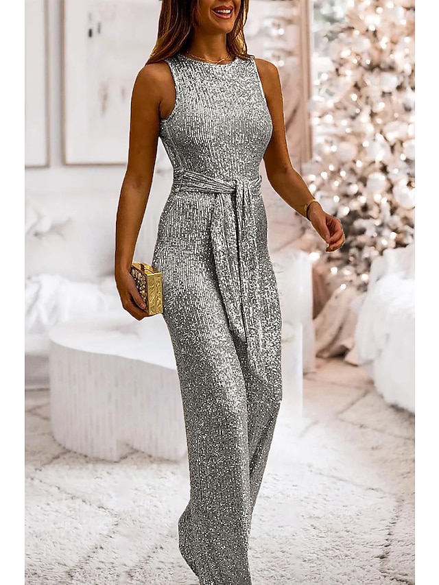  Women's Jumpsuit Backless Sequin Solid Color Crew Neck Elegant Wedding Party Regular Fit Sleeveless Silver Gold S M L Summer