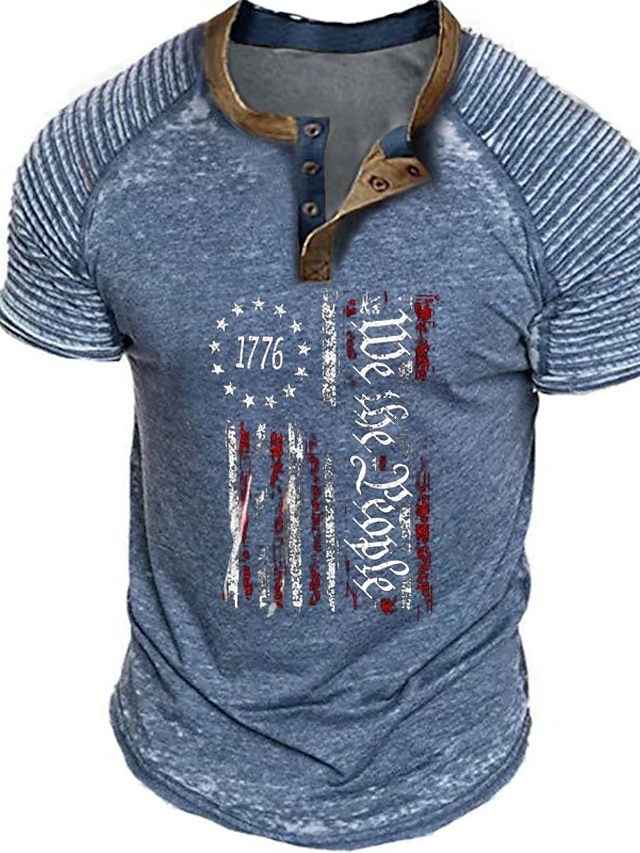  1776 We The People Mens Graphic Shirt 3D | Blue Summer Cotton Prints Slim Pleated Patriotic National Flag Fashion Designer Basic Hot Stamping
