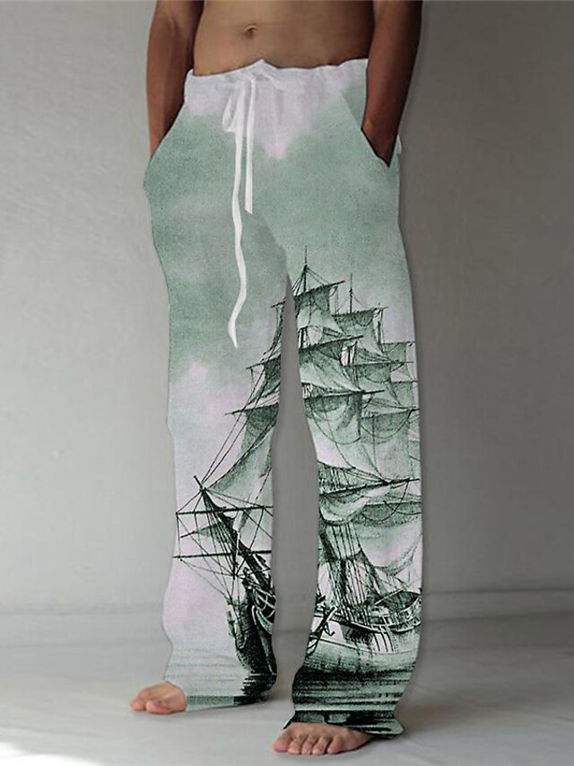  Men's Trousers Summer Pants Beach Pants Drawstring Elastic Waist Straight Leg Graphic Prints Boat Comfort Casual Daily Holiday Cotton Blend Streetwear Hawaiian Blue Green
