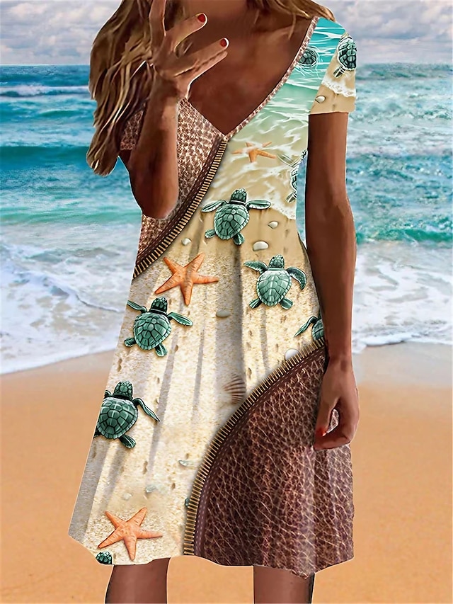  Γυναικεία Φόρεμα παραλίας Ζώο Χελώνα Στάμπα Λαιμόκοψη V Μίντι φόρεμα Τροπικό Καθημερινό Καθημερινά Διακοπές Κοντομάνικο Καλοκαίρι Άνοιξη