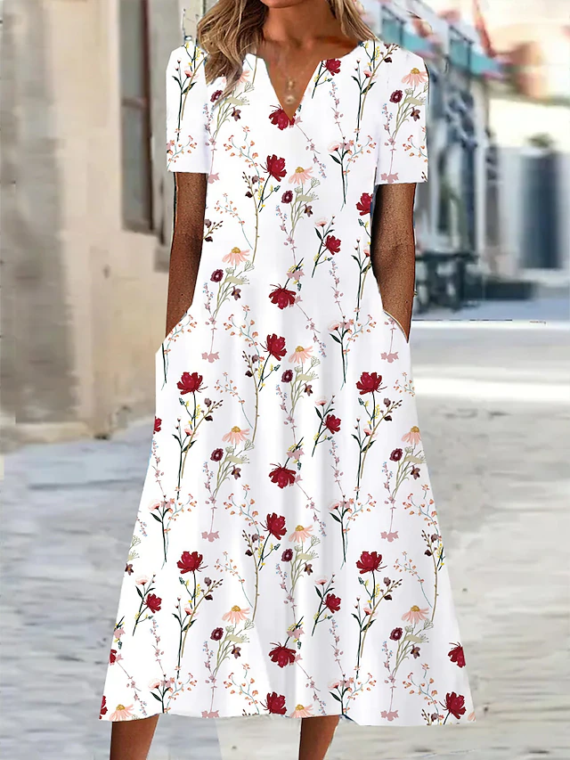 Women's Shift Dress Summer Dress Floral Pocket Print V Neck Midi Dress ...