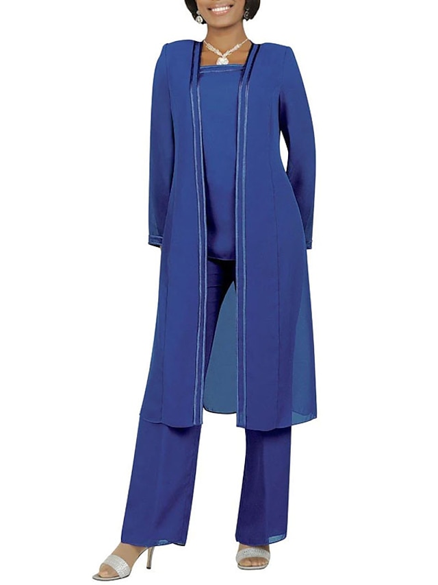  חליפת מכנסיים שמלה לאם הכלה  אורחת חתונה אלגנטית מידה גדולה צווארון מרובע עד הריצפה שיפון שרוול ארוך עם סרט סלסולים 2024