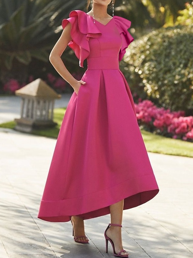  A-lijn cocktailpartyjurk elegante jurk semi-formeel asymmetrisch mouwloos v-hals herfst bruiloftsgast stretchstof met ruches 2024