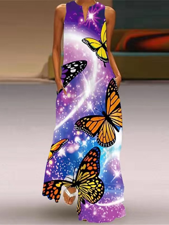  Women's Peacock Feather Animal Casual Dress Long Dress Maxi Dress Shift Dress Summer Dress Casual Outdoor Daily Weekend Pocket Print Sleeveless V Neck Dress Regular Fit White Yellow Red Spring Summer
