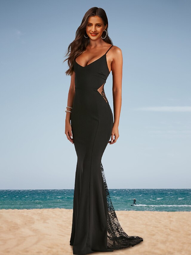 Mermaid / Trumpet Prom Dresses Floral Dress Party Wear Court Train Sleeveless Spaghetti Strap Satin Backless with Appliques