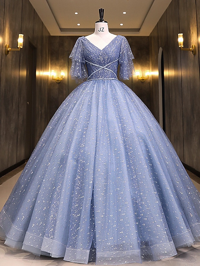  נשף שמלות Quinceanera נסיכות שמלה הצגה בת מצווה עד הריצפה שרוולים קצרים צווארון V פוליסטר עם נצנצים 2024