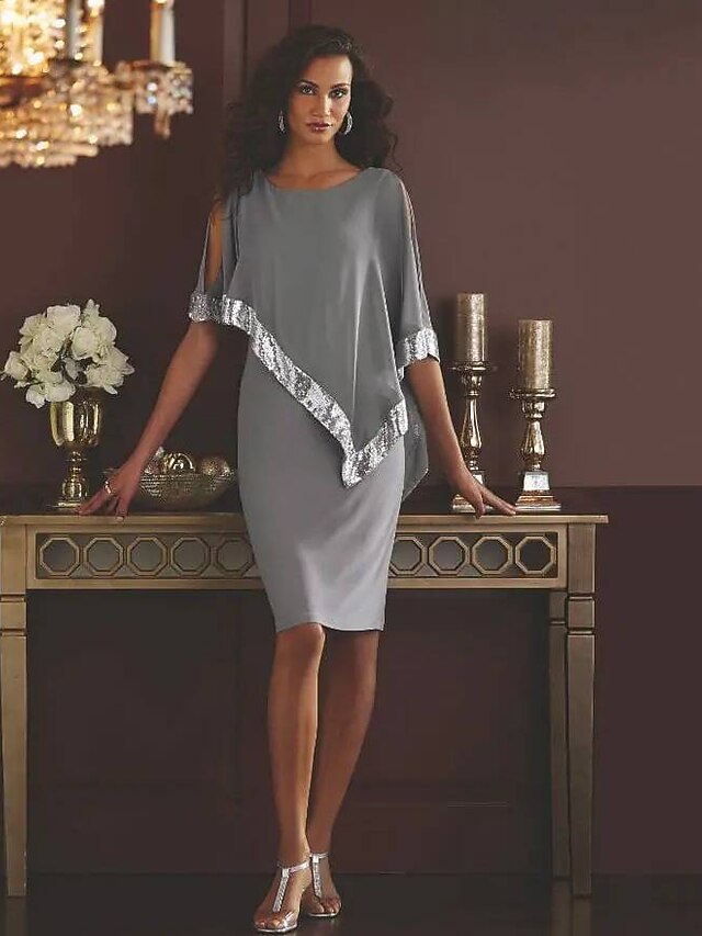 Jewel Cap Sleeve Chiffon Knee-length Dress Gold