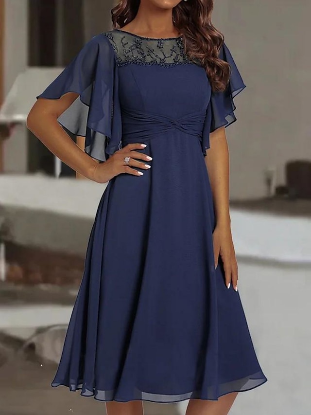 Women's Wedding Guest Dress Party Dress Lace Dress Midi Dress Blue Half 