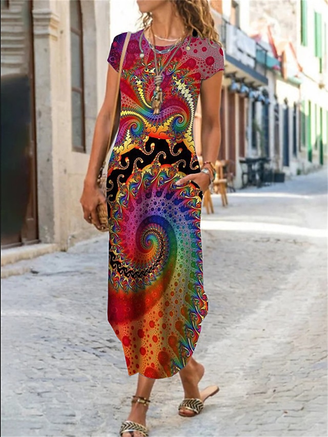  Női hétköznapi ruha Virágos Grafika Zseb Nyomtatott Terített nyak Maxi hosszú ruha Klasszikus Alkalmi Napi Vakáció Rövid ujjú Nyár Tavasz