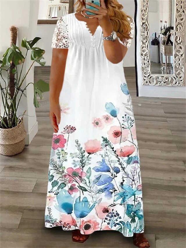 Women's Plus Size Curve Casual Dress Floral Maxi long Dress Short Sleeve Contrast Lace Lace V