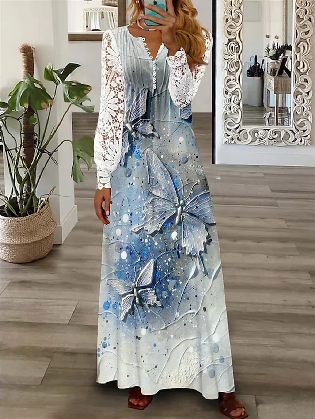  γυναικεία φλοράλ δαντέλα πλισέ φορέματα μακρύ φόρεμα μάξι φόρεμα μια γραμμή φόρεμα στάμπα φόρεμα άνοιξη φόρεμα πεταλούδα μοντέρνο ραντεβού διακοπές Σαββατοκύριακο μακρυμάνικο v λαιμόκοψη φόρεμα μπλε