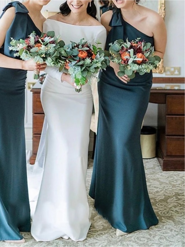 Mermaid / Trumpet / Sheath / Column Bridesmaid Dress Bateau Neck Sleeveless Blush Pink Floor Length Stretch Fabric with Ruching / Solid Color