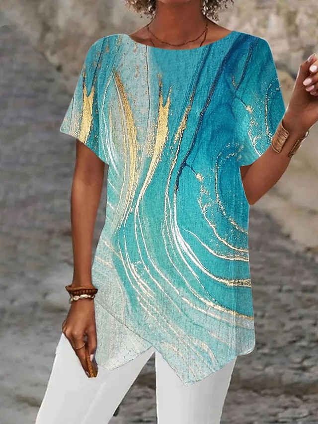  Blusa Feminina Básica Estampada Abstrata Manga Curta Longos Gola Redonda Casual Prata Preto Branco Azul Caqui