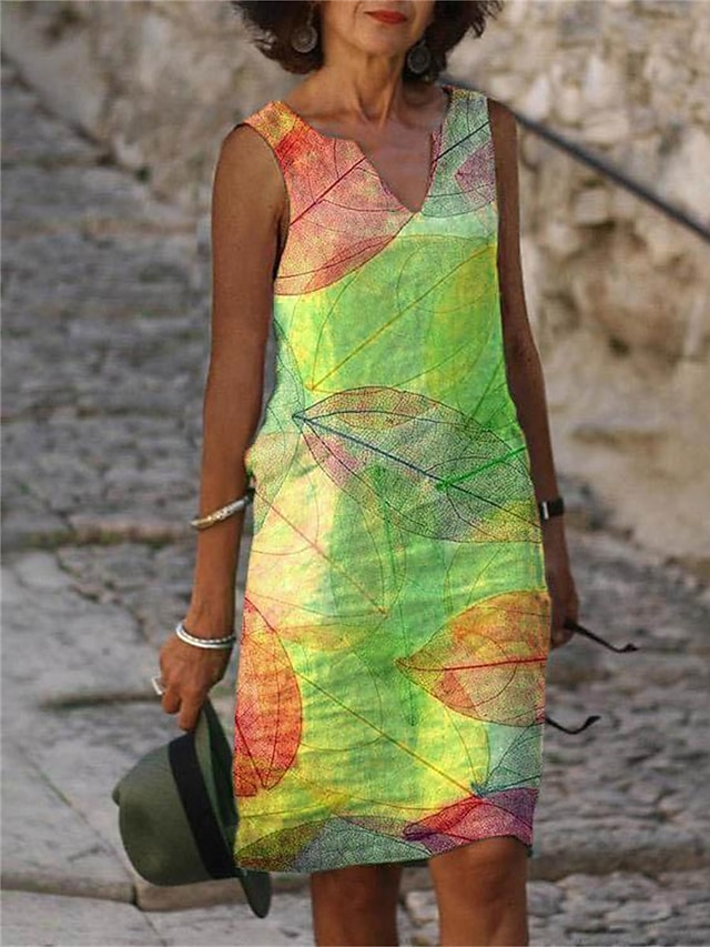 Women's Cotton Tank Dress Floral Leaf Print V Neck Midi Dress Basic Daily Date Short Sleeve