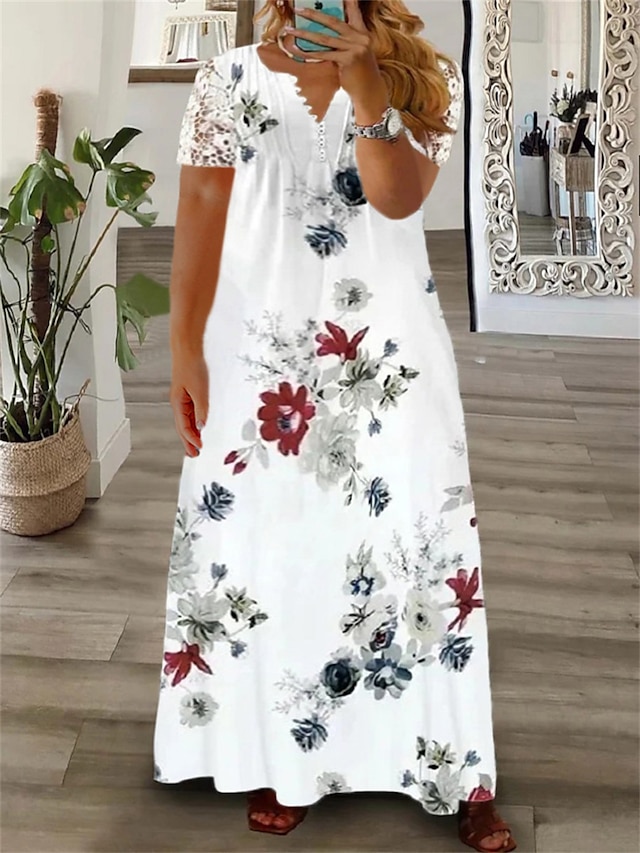  Women's Plus Size Curve Casual Dress Floral Maxi long Dress Short Sleeve Contrast Lace Lace V Neck Fashion Outdoor White Red Summer Spring L XL XXL 3XL 4XL