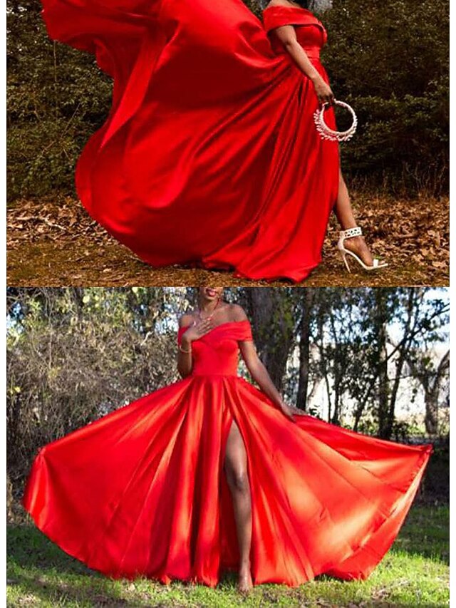 Women's Off The Shoulder Satin Prom Dresses Long with Pockets A line