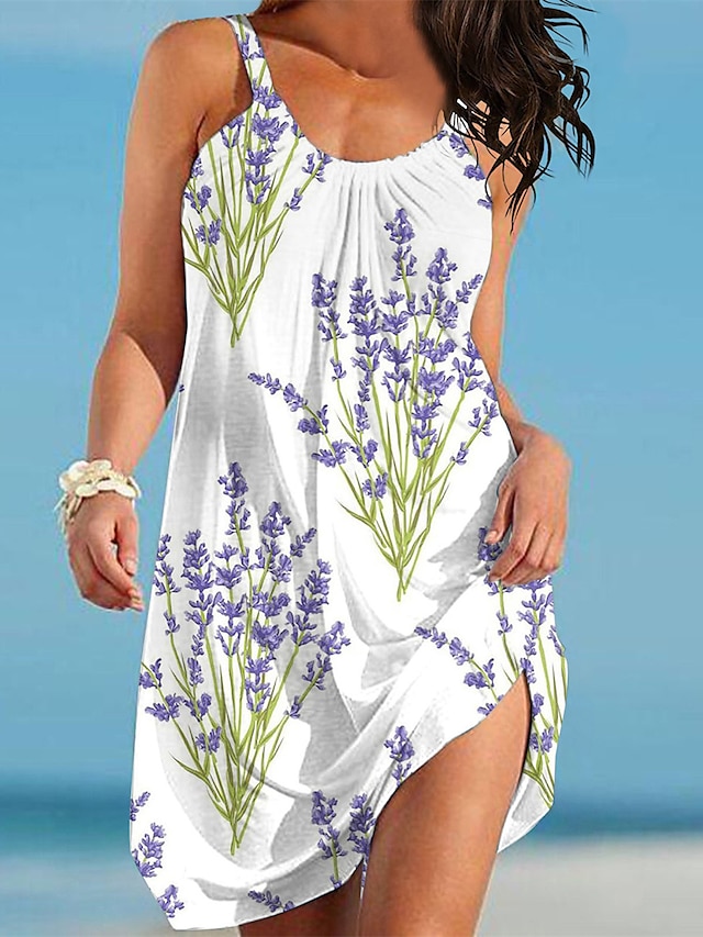  Mulheres Algodão vestido de praia Floral Folha Imprimir Com Alças Finas Minivestido Básico Casual Diário Férias Sem Manga Verão Primavera