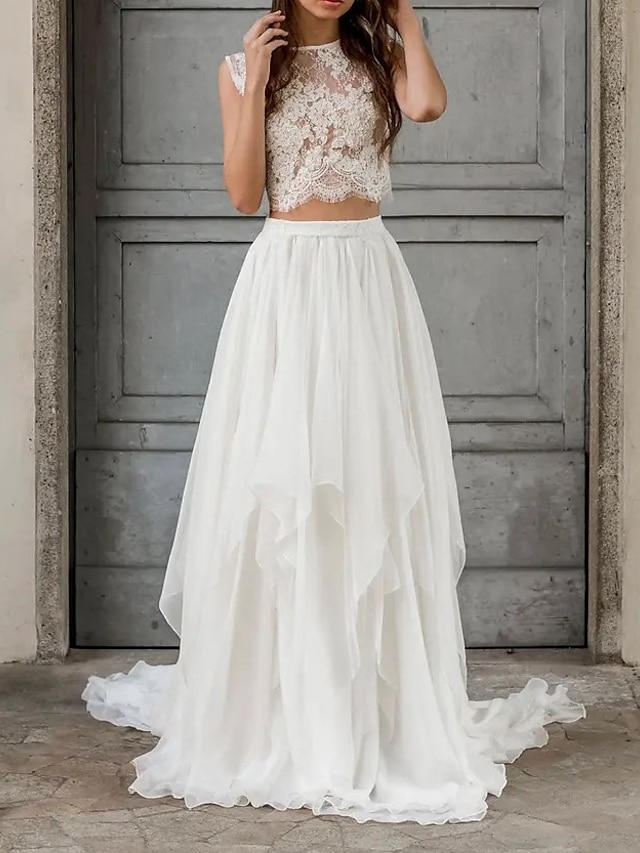  Boho Wedding Dresses Two Piece Scoop Neck Sleeveless Court Train Chiffon Bridal Suits Bridal Gowns With Appliques Solid Color 2024