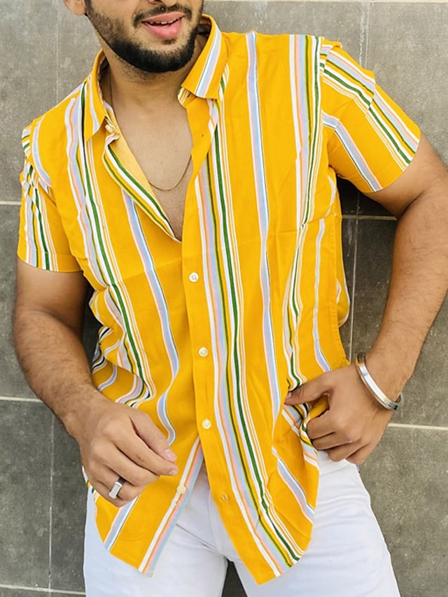  Homens Camisa Social camisa de botão camisa de verão Camisa casual Amarelo Manga Curta Listrado Aberto para a Lateral Diário Férias Imprimir Roupa Moda Casual Confortável