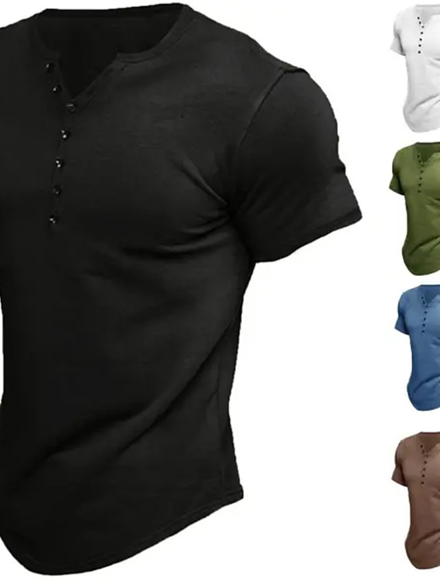  Herr T-shirt Henleytröja T-tröja Slät V-hals Gata Semester Kort ärm Knapp Kläder Mode Grundläggande