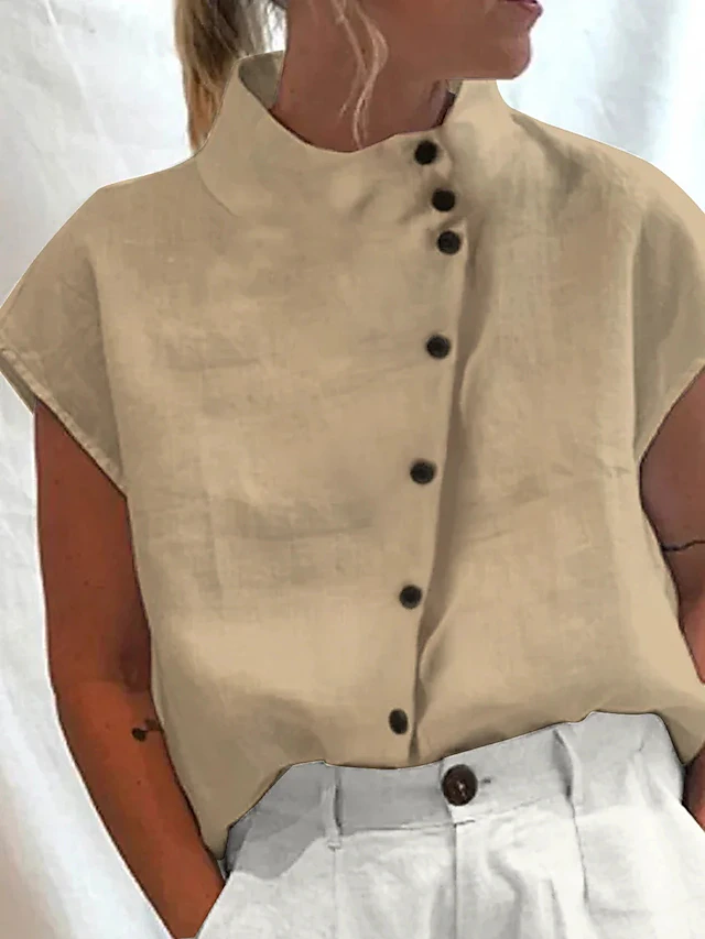 Women's Shirt Blouse Turtleneck shirt Plain Casual Button White Short ...