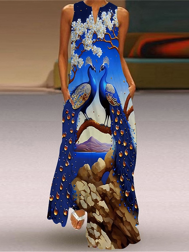  Dames Maxi-jurk Halflange jurk Casual jurk T shirt jurk Jurk met print Streetwear Casual Buiten Vakantie Uitgaan Normale pasvorm Bloemig Pauw Vissen Mouwloos V-hals Geel Koningsblauw blauw Paars