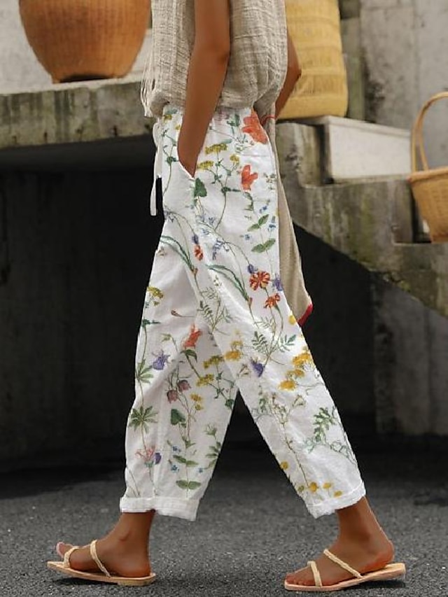  Women's Wide Leg Baggy Pants Linen Cotton Blend Side Pockets Print Ankle-Length White Summer