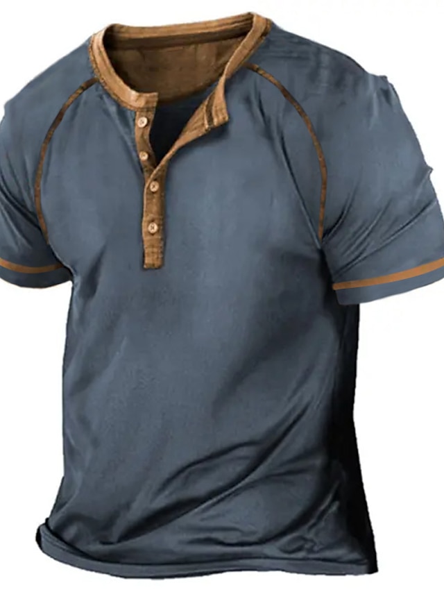  男性用 Tシャツ ヘンリーシャツ ティートップ カラーブロック ビンテージ ヘンリー ストリート バケーション 半袖 ボタン 衣類 ファッション デザイナー ベーシック