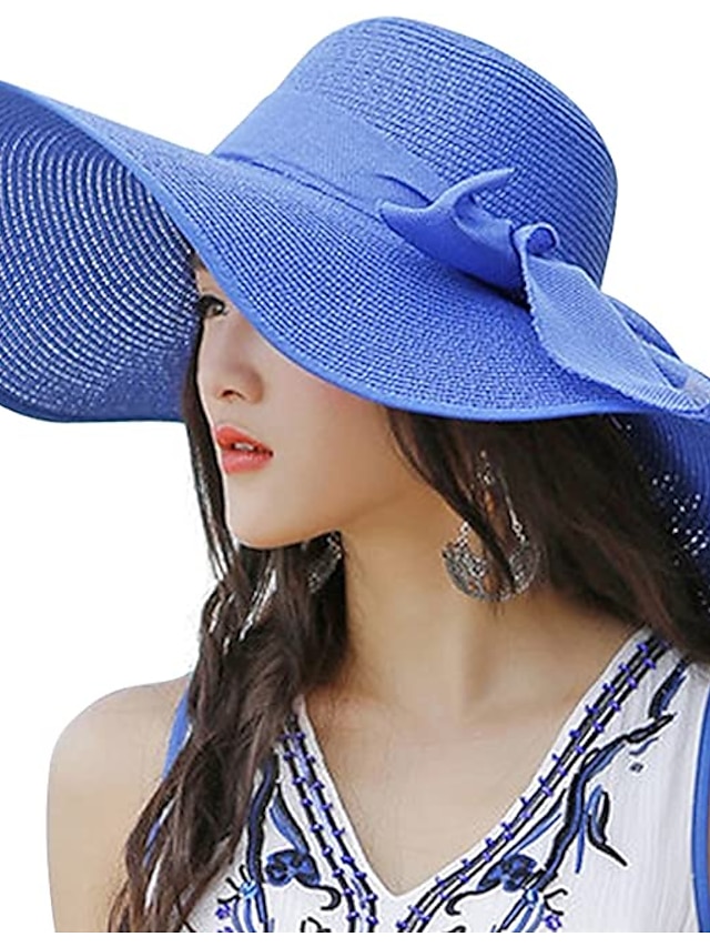 1 Pcs Womens 5 5 Inches Big Bowknot Straw Hat Large Floppy Foldable