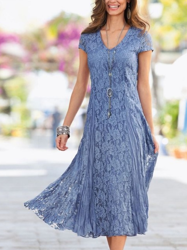  Sheath Blue  Mother of the Bride Dress Wedding Guest Elegant Party Petite V Neck Tea Length Lace Short Sleeve with Pleats Solid Color 2024