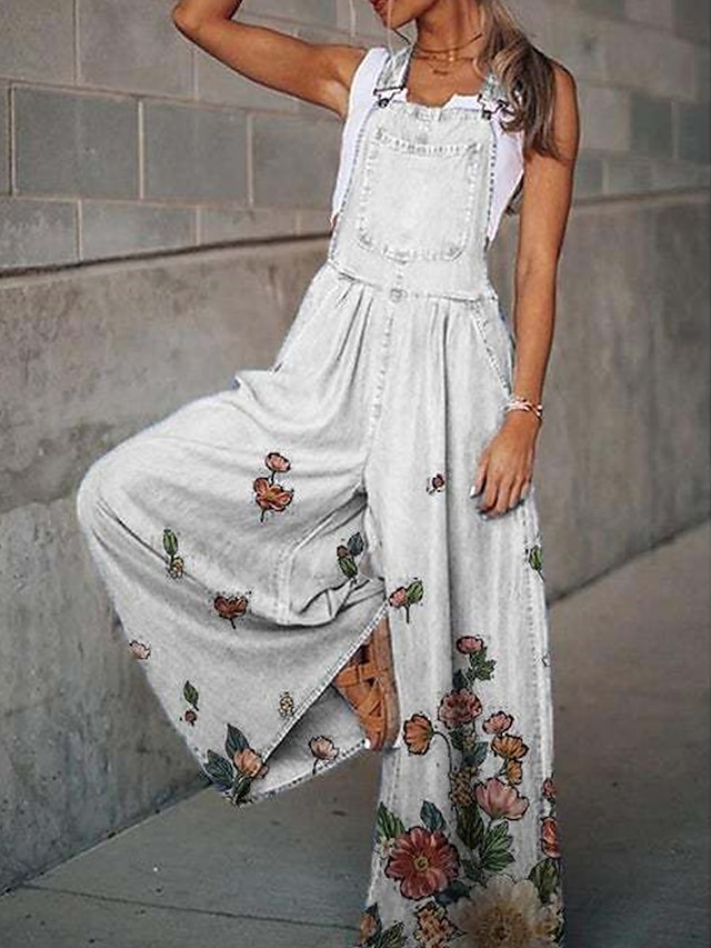  Women's Overall Print Floral U Neck Streetwear Street Daily Regular Fit Sleeveless Black White Pink S M L Summer