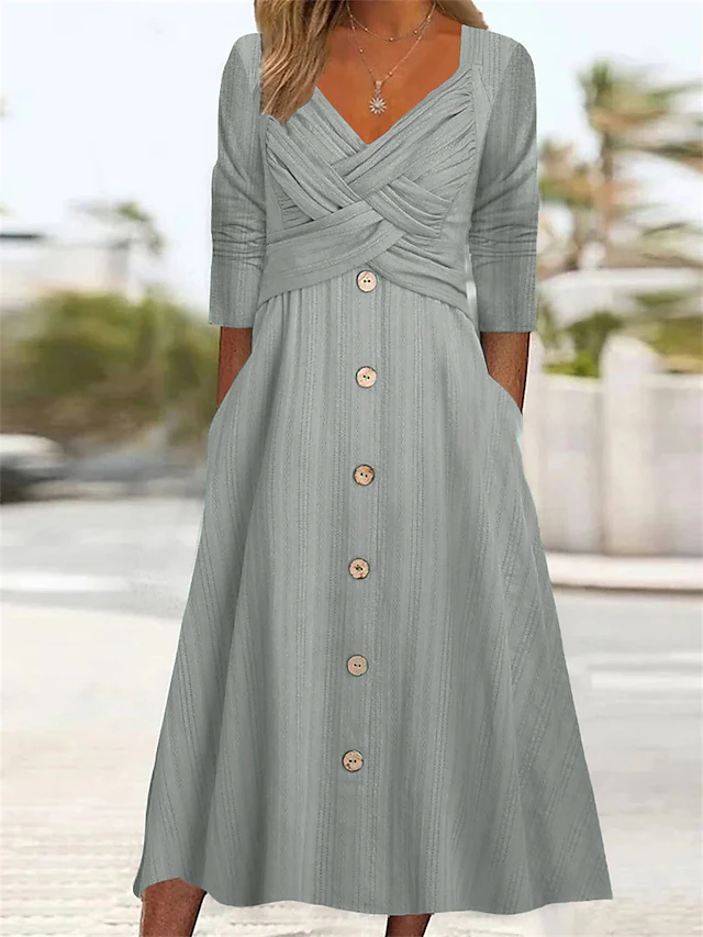 Women's Pleated Dress Plain Dress Plain Button Up Ruched V Neck Midi ...