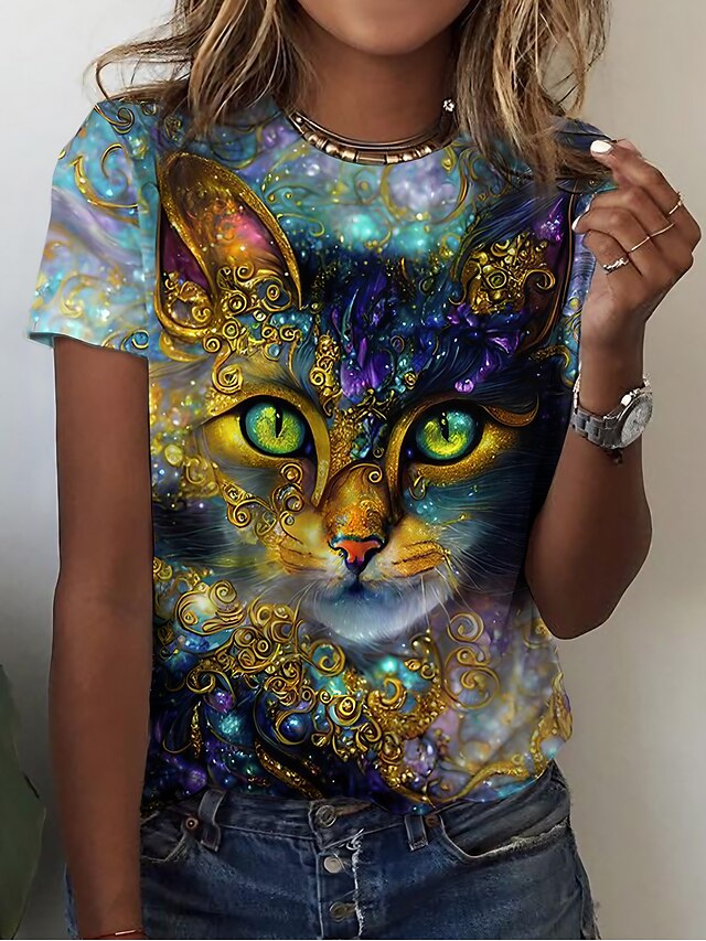  t-shirt basique à manches courtes pour femme, imprimé chat, haut régulier, col rond, quotidien, week-end, jaune