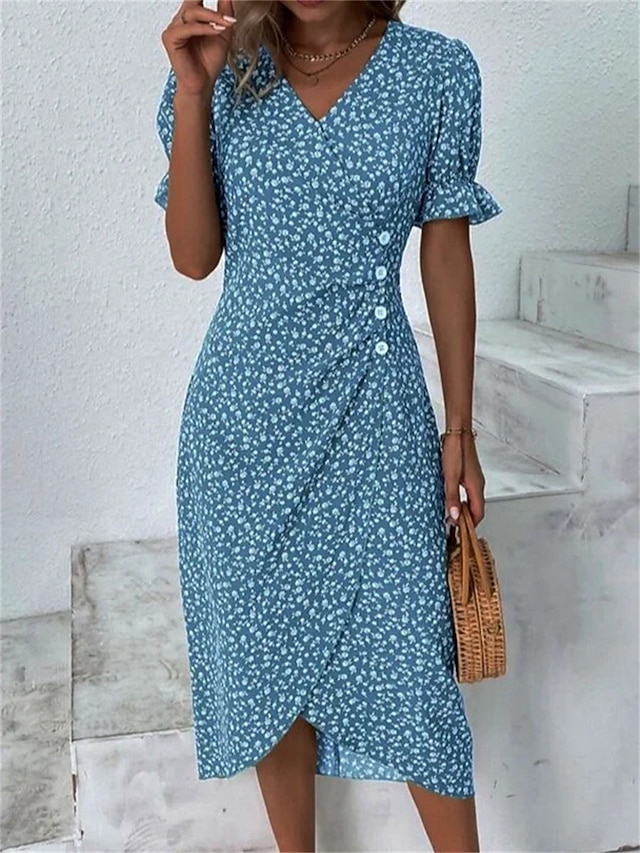 Mini-Kleid mit V-Ausschnitt, Blumenmuster und langen Puffärmeln – Stilvolles Partykleid main image 0