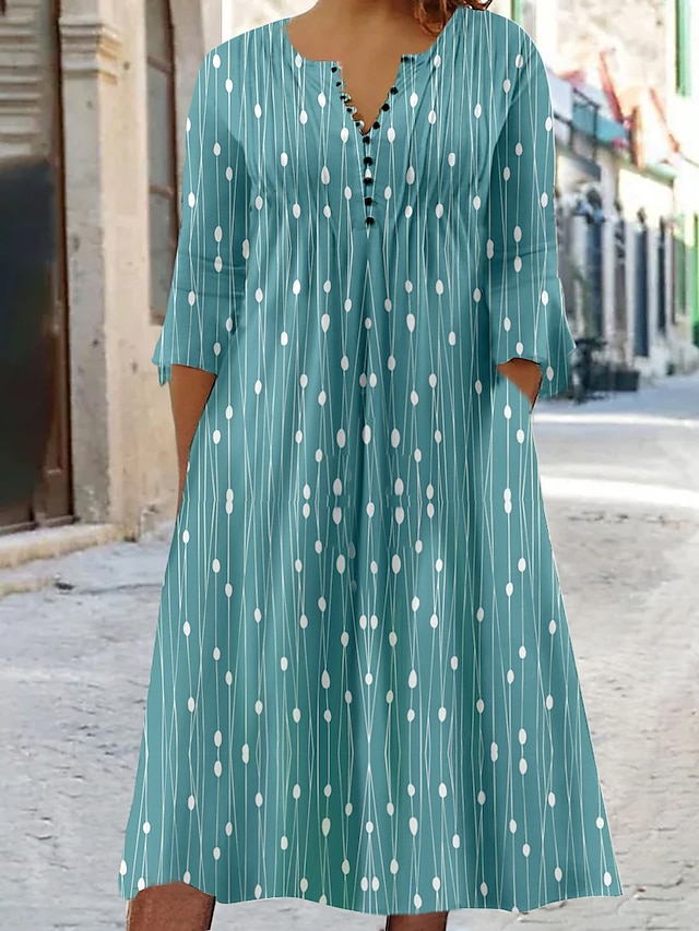  grande taille courbe robe décontractée pour femme robe une ligne graphique géométrique robe mi-longue manches 3/4 bouton poche col en v mode extérieur bleu été printemps l xl xxl 3xl 4xl