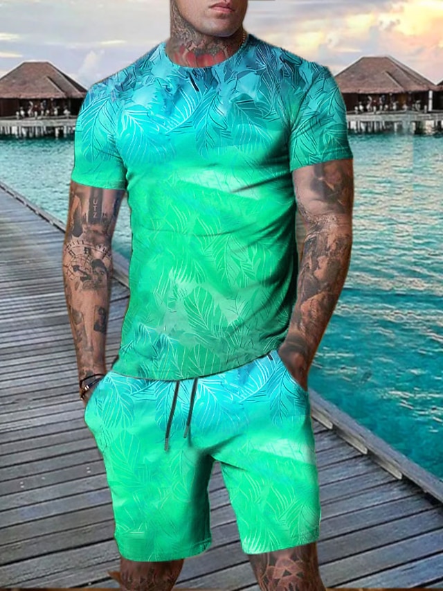  Herr Grafisk Löv Växt 2st T-shirts uppsättningar Shorts och T-shirt set T-shirt outfits Kortärmad Rund hals Designer Ledigt Bekväm Utomhus Semester Dagligen 3D-utskrift 2 st Vår & sommar Blå Mörkgrön