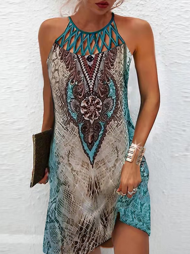 Femme Robe Droite Tribal Dos Nu Imprimer Dos nu Mini robe Ethnique du quotidien Vacances Sans Manches Eté Printemps
