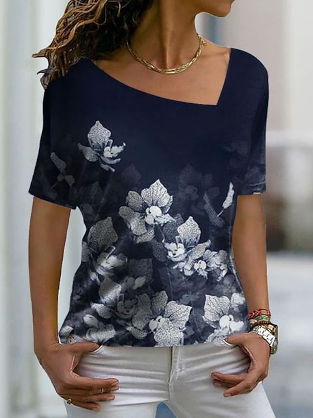 Women's T shirt Tee Black White Navy Blue Floral Print Short Sleeve ...