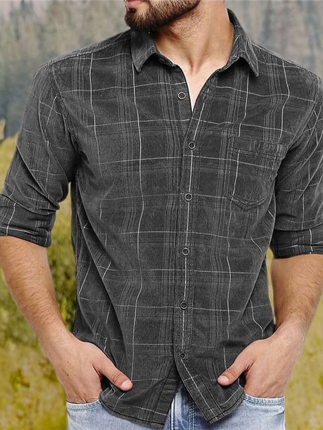  Men's Shirt Button Up Shirt Casual Shirt Gray Long Sleeve Plaid Turndown Street Daily Print Clothing Apparel Fashion Casual Comfortable