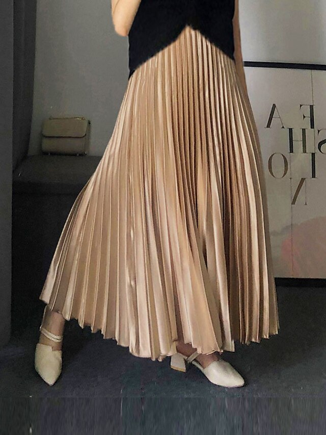  Women's Swing Long Skirt Midi Polyester Gold Velvet Black White Silver Champagne Skirts Spring & Summer Pleated Without Lining Elegant Fashion Casual Office / Career Street M L XL