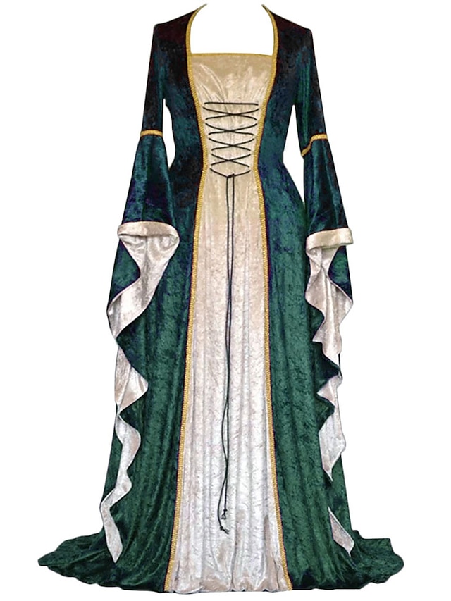  Women's Renaissance Dress Medieval Costume Velvet Trumpet Sleeve Queen Dresses Outlander Plus Size Retro Vintage Long Sleeve Floor Length