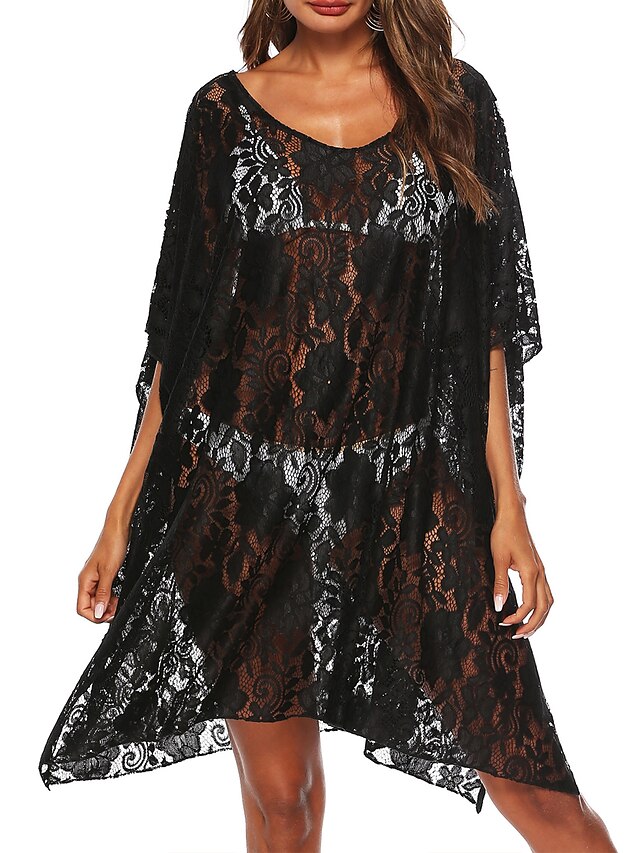 Women's Cover Up Beach Dress Beach Wear Mini Dress Lace Hole Tropical ...